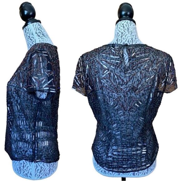 Carlisle‎ Mesh, Bead and Sequin Embellished Short Sleeve Top Black Size 6 - Picture 11 of 12